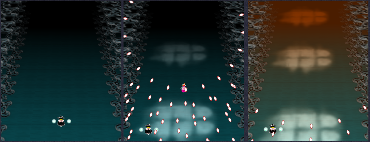 Three panels. First panel shows the enemy spawning from off-screen (<code data-tooltip-id='2-7' class='mono dotted' style='position: relative;'>has_been_inbounds</code> = false, <code data-tooltip-id='2-8' class='mono dotted' style='position: relative;'>is_in_bounds</code> = false). The second panel shows that the enemy has entered the screen (<code data-tooltip-id='2-7' class='mono dotted' style='position: relative;'>has_been_inbounds</code> = true, <code data-tooltip-id='2-8' class='mono dotted' style='position: relative;'>is_in_bounds</code> = true). The third panel shows the enemy exiting the screen and thus despawning (<code data-tooltip-id='2-7' class='mono dotted' style='position: relative;'>has_been_inbounds</code> = true, <code data-tooltip-id='2-8' class='mono dotted' style='position: relative;'>is_in_bounds</code> = false) Three screenshots of an enemy spawning, being on-screen and despawning