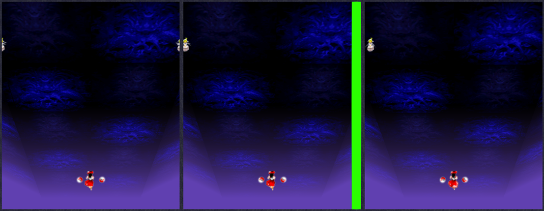Three panels. The first panel shows the enemy entering the screen (<code data-tooltip-id='2-7' class='mono dotted' style='position: relative;'>has_been_inbounds</code> = true, <code data-tooltip-id='2-8' class='mono dotted' style='position: relative;'>is_in_bounds</code> = true). The second panel shows the screen shake effect with screen_offset = 20. The area in green is the area the field has been shrunk by (<code data-tooltip-id='2-7' class='mono dotted' style='position: relative;'>has_been_inbounds</code> = true, <code data-tooltip-id='2-8' class='mono dotted' style='position: relative;'>is_in_bounds</code> = false). The third panel shows that the enemy on the right has despawned. Three screenshots of an enemy being on-screen, going off-screen and therefore despawning prematurely