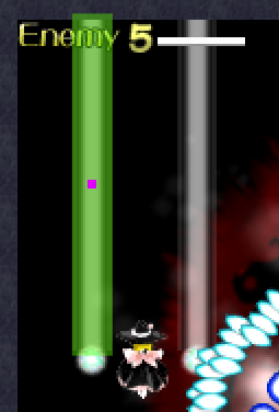 An in-game screenshot of MarisaB firing her lasers with coloured boxes drawn around/in it.