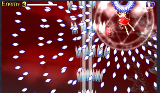 Flandre shoots a ring of bullets that is clearly above her position, which is not meant to happen. Pattern is Flandre's 7th non-spell. An in-game screenshot of Flandre firing a ring of bullets above her position.