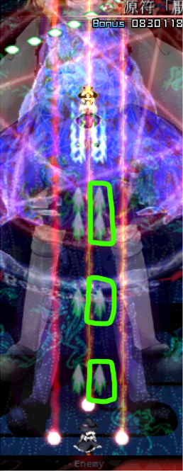 A screenshot of Marisa shooting lasers and bullets at Suwako.