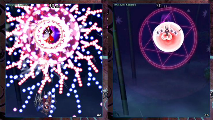 Two screenshots of Kagerou's third non-spell. Left side shows what it's like normally. Right side shows no bullets. Two screenshots of SakuyaA fighting against Kagerou
