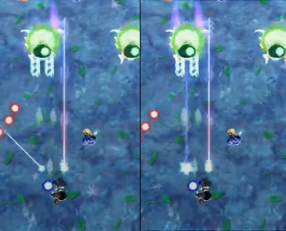 Two game screenshot of Marisa shooting lasers. One laser is crooked.