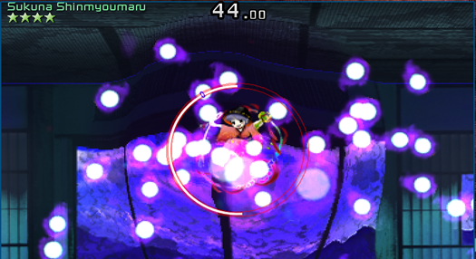 A screenshot of Shinmyoumaru firing the bullets she is supposed to fire when her bowl is present.