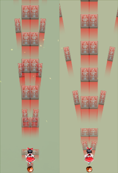 An in-game screenshot of two Reimu Red-2's with her amulets being at different positions.