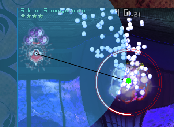 A game screenshot showing a colored circle around Reimu