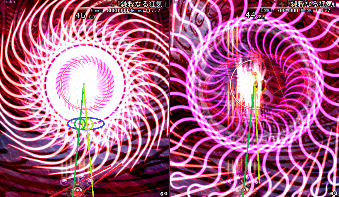 In this example I have 2 potential gaps that I can choose. Both of these will work but one is significantly easier to reach. Once again you have to keep the wave in mind as the red initial blast will put a laser to your left instead. Image shows two possible paths for dodging upcoming wave., other=max-height:360px