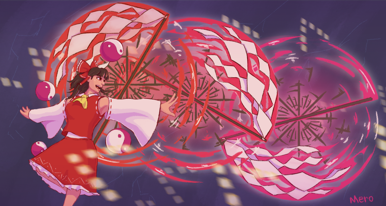 Some really cool art of Reimu drawn by <a class='url' href='https://merort.tumblr.com/' target='_blank'>Mero</a> ! Illustration of Reimu with three goheis drawn by Mero